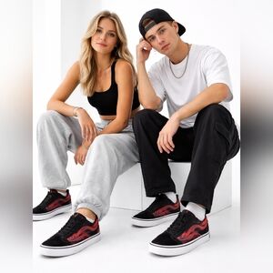 Vans Old Skool Flame Print Sneakers, Black Red, Women 8.5 Men 7